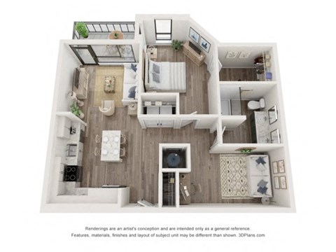 Floor plan for 1 bed, 1 bath, 922 sqft